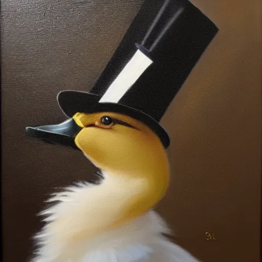 Prompt: oil painting of a duck wearing a business suit and a top hat