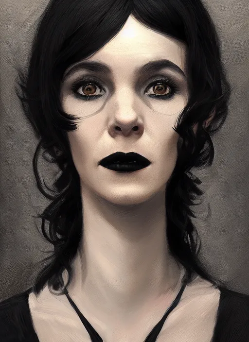 Prompt: portrait of an awkward woman with a crooked nose and a confident expression, 1 9 6 0 s, black clothes, goth, punk, funk, intricate, elegant, highly detailed, digital painting, artstation, concept art, smooth, sharp focus, illustration, art by wlop, mars ravelo and greg rutkowski