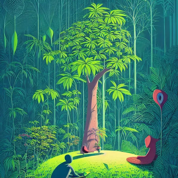 Image similar to ( ( ( gediminas pranckevicius ) ) ), under bo tree in a jungle garden summer morning, very coherent and colorful high contrast art by james gilleard floralpunk screen printing woodblock, dark shadows, pastel color, hard lighting