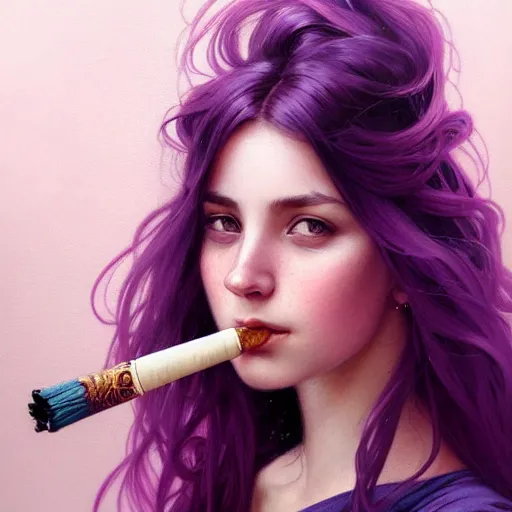 Image similar to portrait of a young girl, nose ring, upper body, purple hair, long hair, joyful smirk, intricate, smoking weed, elegant, highly detailed, digital painting, artstation, concept art, matte, sharp focus, illustration, art by artgerm and greg rutkowski and alphonse mucha