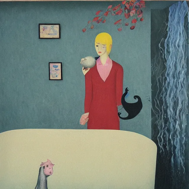 Image similar to tall female emo artist holding a pig in her flooded bathroom, water gushing from ceiling, painting of flood waters inside an artist's bathroom, a river flooding indoors, pomegranates, pigs, ikebana, zen, water, octopus, river, rapids, waterfall, black swans, canoe, berries, acrylic on canvas, surrealist, by magritte and monet