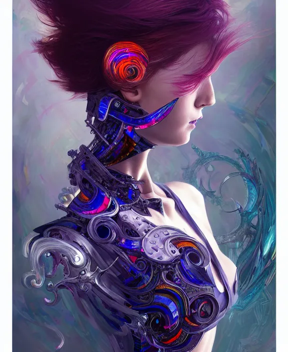 Image similar to a whirlwind of souls rushing inside the metaverse, half body, jewelry, fashionable haircut, android, cyborg, cyberpunk face, by loish, d & d, fantasy, intricate, elegant, highly detailed, colorful, vivid color, digital painting, artstation, concept art, art by artgerm and greg rutkowski and alphonse mucha