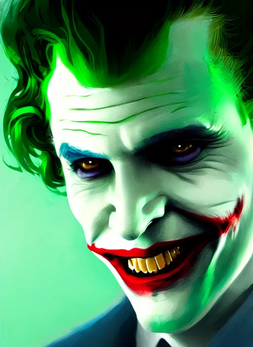 Image similar to portrait of jon as the joker, green hair, intricate, elegant, glowing lights, highly detailed, digital painting, artstation, concept art, sharp focus, illustration, art by wlop, mars ravelo and greg rutkowski