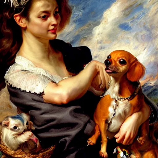 Prompt: heavenly summer sharp land sphere scallop well dressed lady holding little chihuahua in her arms, auslese, by peter paul rubens and eugene delacroix and karol bak, hyperrealism, digital illustration, fauvist, holding little chihuahua in her arms