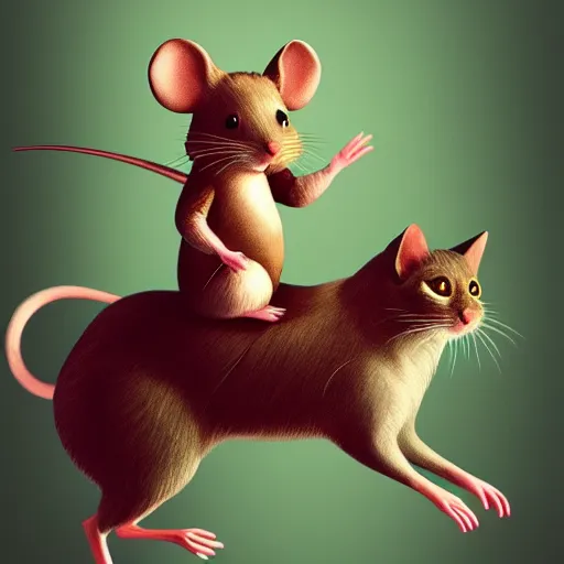 Prompt: a mouse who is riding on the back of a prancing cat, illustration, digital art, trending on artstation