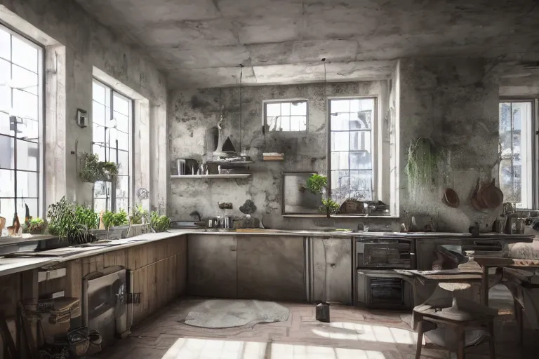 Prompt: ecopunk kitchen, liminal space, high detail, rendered in unreal engine, 3d render, god rays, volumetric lighting, HDR, subsurface scatter, mansion, interior, large windows, rich house