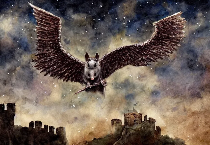 Image similar to legendary winged possum flying over a medieval castle under a dark starred sky, dark fantasy, watercolor, dreaming illusion, highly detailed, 4k, trending on Artstation, award-winning