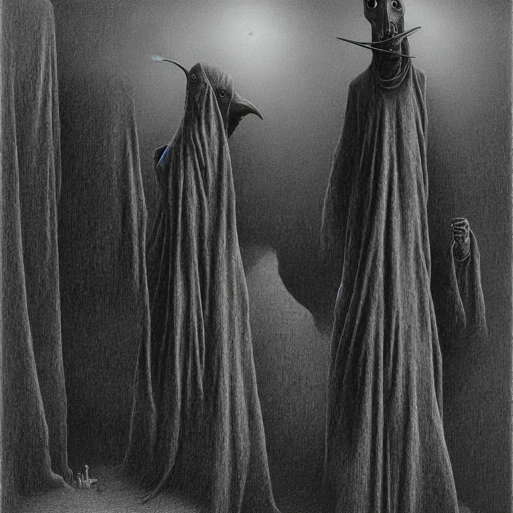 Image similar to Plague doctor. Coffin. Zdzisław Beksiński.