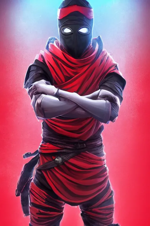 Image similar to full body westword host dressed like shinobi ninja, focused stare, partially masked, highly detailed, photobash, photorealistic render, trending on artstation, character design, red background, cinematic lighting