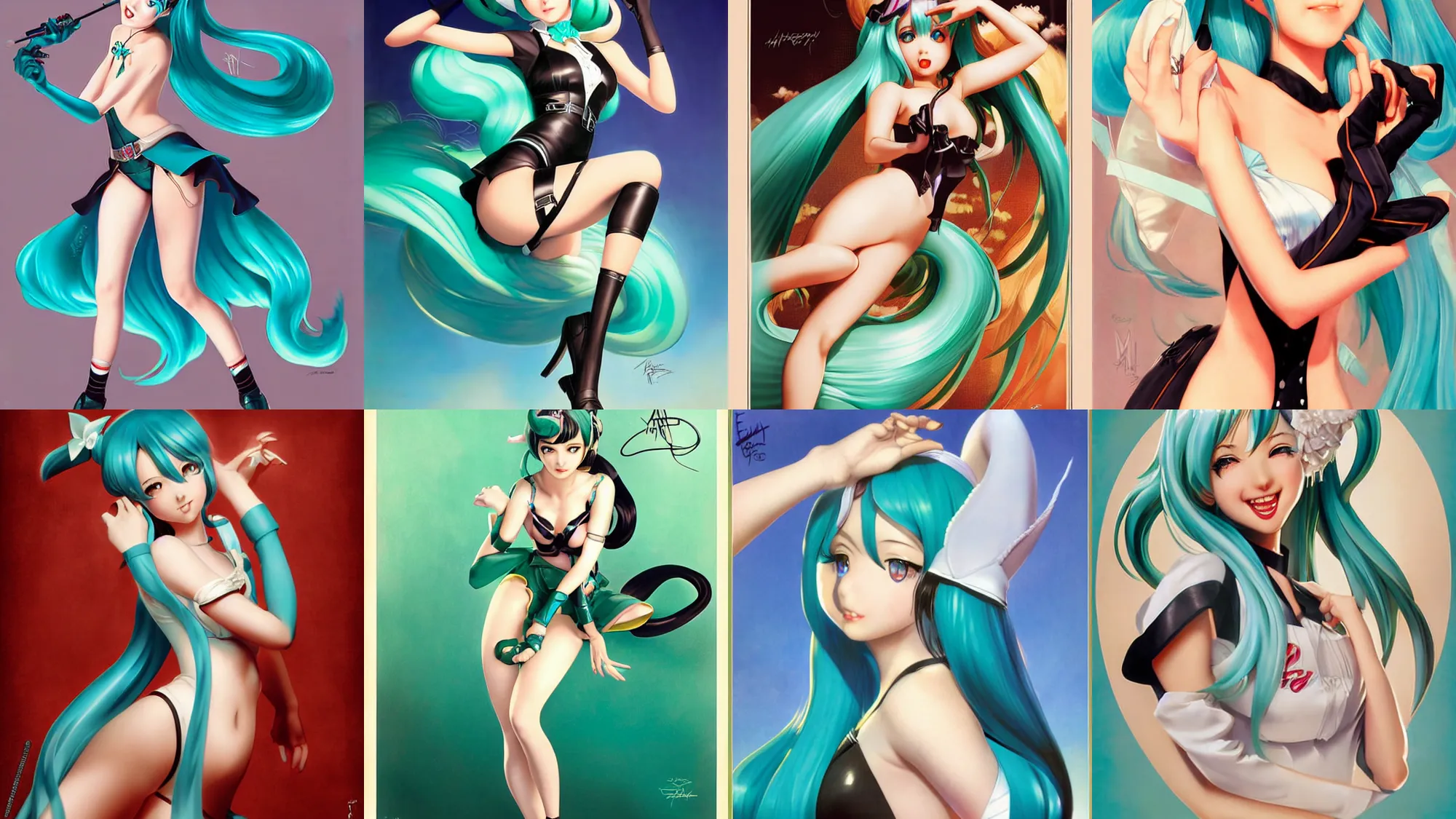 Prompt: Hatsune miku by artgerm, cgsociety, Alberto Vargas, Earl Moran, Gil Elvgren, Art Frahm, Enoch Bolles