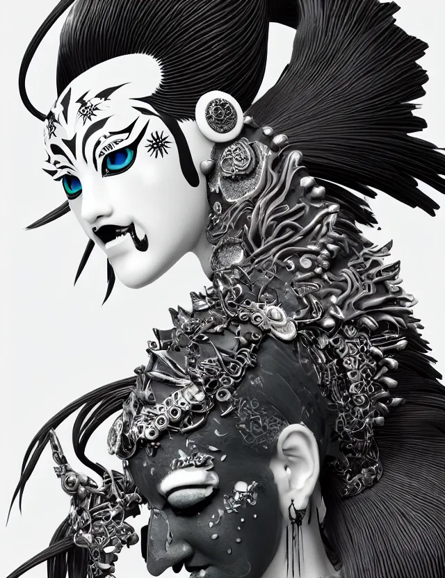 Image similar to 3 d goddess close - up profile portrait punk with mohawk with ram skull. beautiful intricately detailed japanese crow kitsune mask and clasical japanese kimono. betta fish, jellyfish phoenix, bio luminescent, plasma, ice, water, wind, creature, artwork by tooth wu and wlop and beeple and greg rutkowski