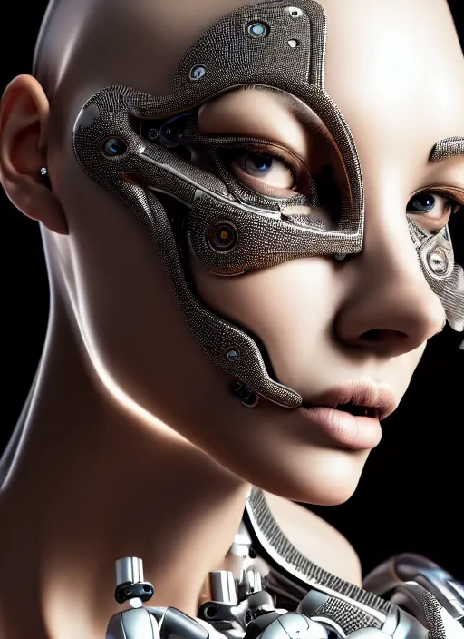 Image similar to a stunning young female cyborg profile face, face is made intricate tribal bio - mechanical, unreal engine, glamor shot, nikon d 7 5 0, closeup, f / 2. 8, low contrast, 1 6 k, rim lighting, optical fiber, cinematic lighting, insanely detailed and intricate, hypermaximalist, elegant, ornate, hyper realistic,