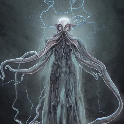 Image similar to concept designs for an ethereal ghostly wraith like figure with a squid like parasite latched onto its head and long tentacle arms that flow lazily but gracefully at its sides like a cloak while it floats around a frozen rocky tundra in the snow searching for lost souls and that hides amongst the shadows in the trees, this character has hydrokinesis and electrokinesis for the resident evil village video game franchise with inspiration from the franchise Bloodborne and the mind flayer from stranger things on netflix in the style of a marvel comic