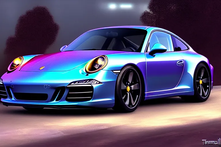 Image similar to iridescent Porsche 911, by Thomas Kincade, Richard Sigamani, 8k photorealistic, HD, high details, concept art, trending on artstation