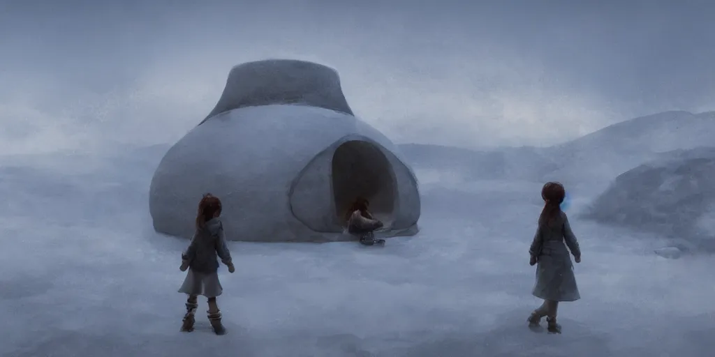 Prompt: young girl back to us in front of an igloo in the tundra, mysterious matte painting by makoto shinkai and craig mullins, trending on artstation