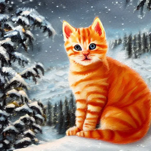 Image similar to cute fluffy orange tabby kitten sitting in snowy winter landscape detailed painting 4 k