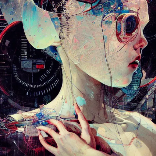 Image similar to florence pugh cyberpunk dreaming, wires cybernetic implants, in the style of adrian ghenie, esao andrews, jenny saville,, surrealism, dark art by james jean, takato yamamoto