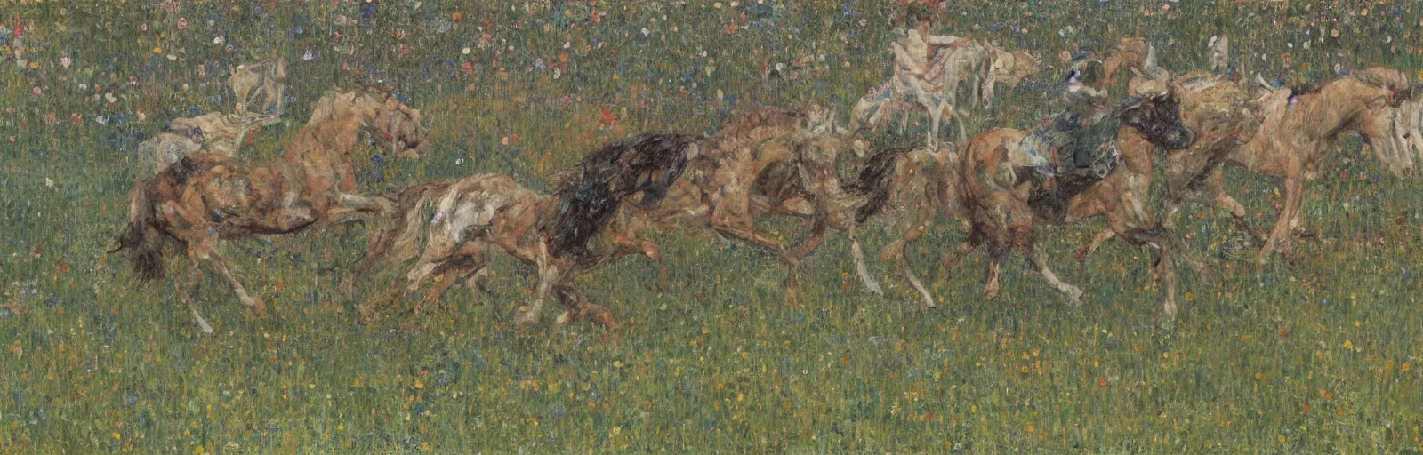 Prompt: lots of horses running through the field, hyper realistic, more details, they might be crawling, original oil on canvas painting by gustav klimt