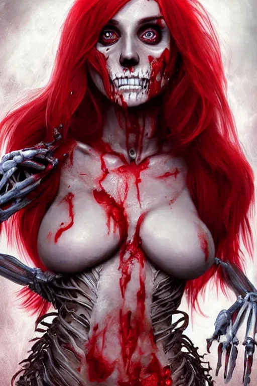 Image similar to woman skeleton covered with blood, jessica nigri face!!!, long red hair, ultra realistic, concept art, intricate details, highly detailed, photorealistic, octane render, 8 k, unreal engine. retro film still, heavy grain, 3 5 mm, art by artgerm and greg rutkowski and alphonse mucha