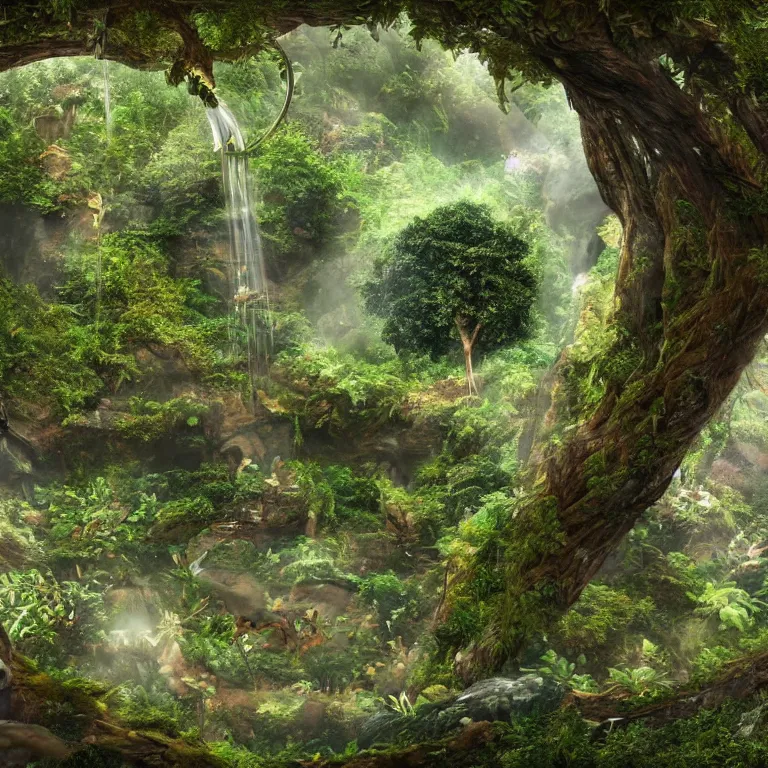 Prompt: yggdrasil contained within a biodome, interior, lush vista