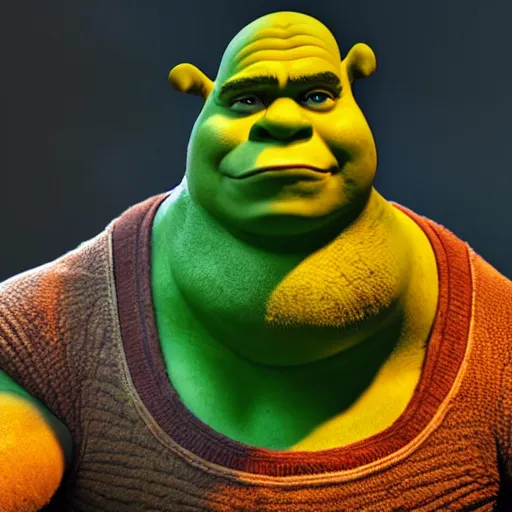 Image similar to shrek as the hulk, wide shot, dramatic lighting, octane render, hyperrealistic, high quality, HD, cinematic