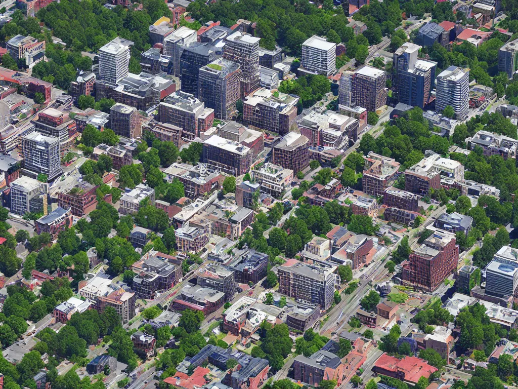 Image similar to “ aerial image of downtown asheville nc in the style of sim city 2 0 0 0 ”