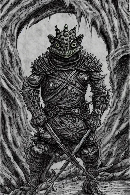 Image similar to toad goblin, wearing armour, swamp, symmetrical, highly detailed, digital art, sharp focus, trending on art station, kentaro miura manga art style