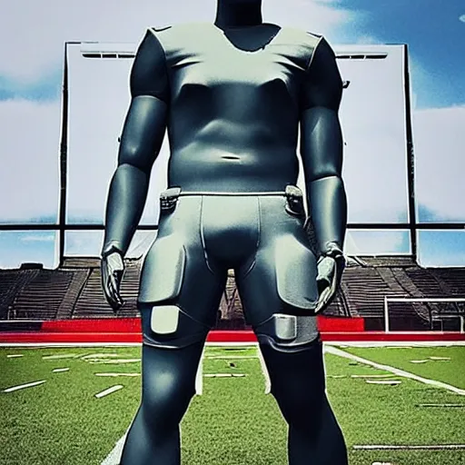 Image similar to “ a realistic detailed photo of a guy who is an attractive humanoid who is half robot and half humanoid, who is a male android, football player christian mccaffrey, shiny skin, posing like a statue, blank stare, on the field, on display ”