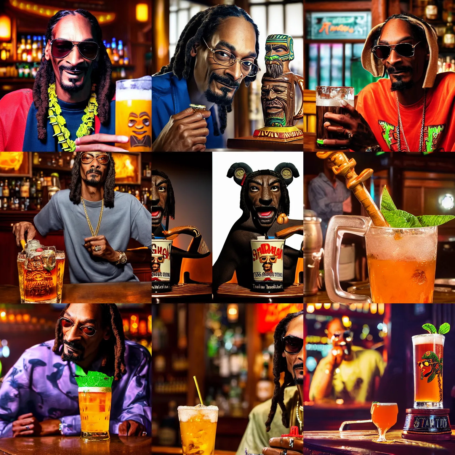 Prompt: a closeup photorealistic photograph of snoop dogg at the trader vic's bar with a tiki mug that features his face. brightly lit scene. this 4 k hd image is trending on artstation, featured on behance, well - rendered, extra crisp, features intricate detail, epic composition and the style of unreal engine.