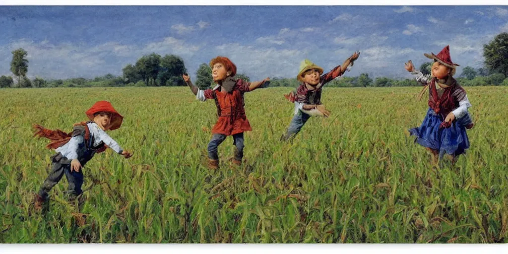 Image similar to The children of scarecrow playing in full ripened fields by James Gurney