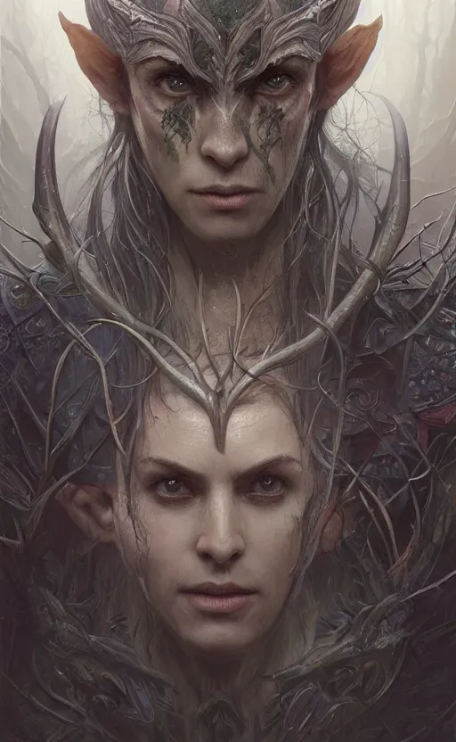 Prompt: portait of elven hunter hunting forest monster, symmetrical face features, front game card, drark, marvel comics, dark, intricate, highly detailed, smooth, artstation, digital illustration by ruan jia and mandy jurgens and artgerm and wayne barlowe and greg rutkowski and zdislav beksinski