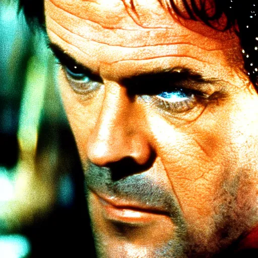 Image similar to !dream 32 year old Jack Nicholson on blade runner 1982, movie still, face close-up, in color, detailed face, 4k,