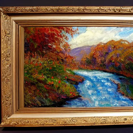 Prompt: a beautifully detailed impressionist painting of a winding river, oils on canvas