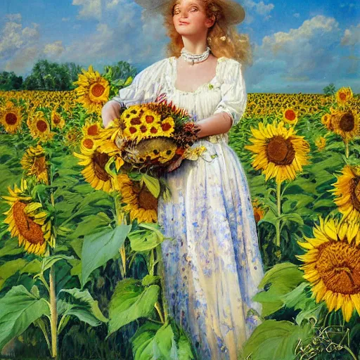 Image similar to a painting of a beautiful farm girl in a field of sunflowers, beautiful day, brushstrokes, by hans zatzka