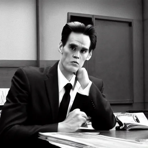 Prompt: cinematic shot of young jim carrey as phoenix wright in court