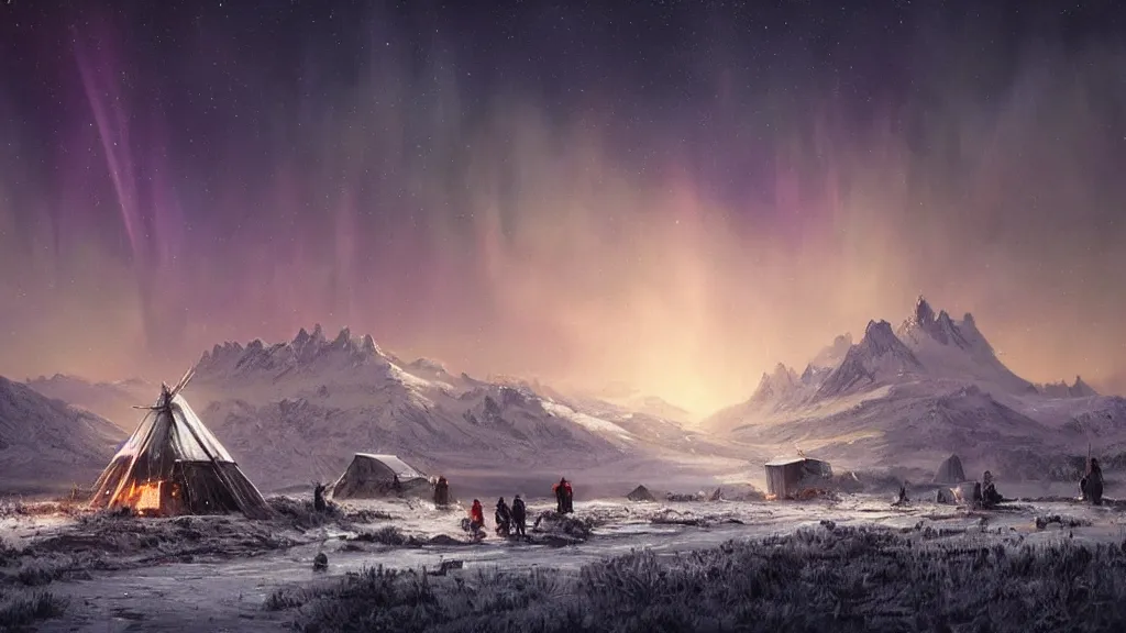 Prompt: beautiful render of a fall landscape, unreal engine, night, majestic snowy mountains, dramatic aurora borealis, stars, teepee, village, hunters, soft light, by greg rutkowski, cgsociety