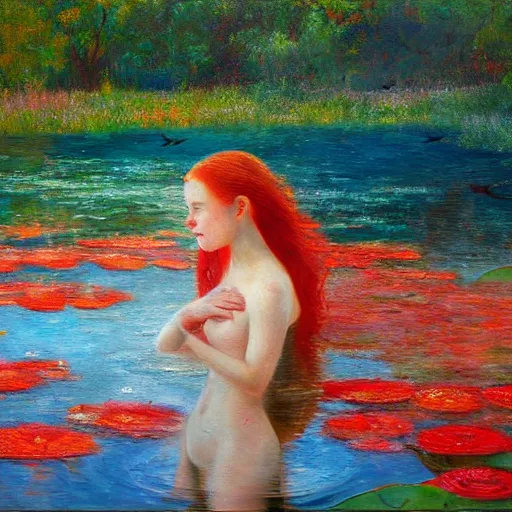 Image similar to oil painted impressionism style, A red-haired girl bathes in a lake where water lilies are floating, High definition, detailed,