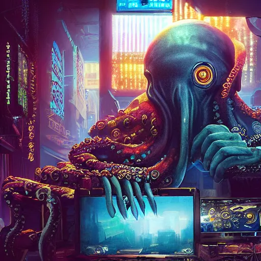 Prompt: a high quality portrait of octopus Davy Jones in a cyberpunk cyberpunk cyberpunk cafe, realism, 8k, award winning photo