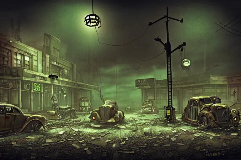 Image similar to dieselpunk town dystopian decay post apocalyptic night spotlights