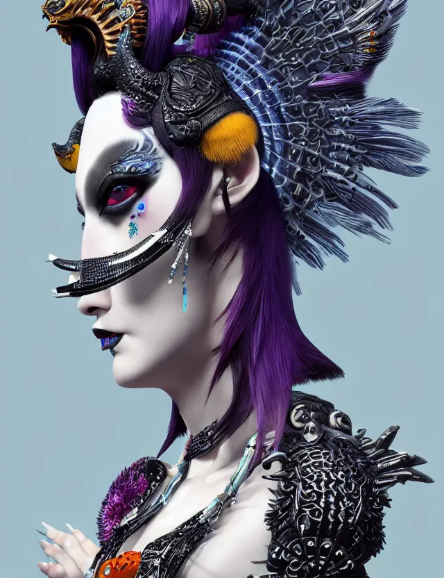 Image similar to 3 d goddess close - up profile portrait punk with mohawk with ram skull. beautiful intricately detailed japanese crow kitsune mask and clasical japanese kimono. betta fish, jellyfish phoenix, bio luminescent, plasma, ice, water, wind, creature, artwork by tooth wu and wlop and beeple and greg rutkowski