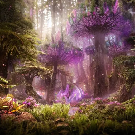 Image similar to full body pose, hyperrealistic photograph of the magical fairy forest, dim volumetric lighting, 8 k, octane beautifully detailed render, extremely hyper detailed, intricate, epic composition, cinematic lighting, masterpiece, trending on artstation, very very detailed, stunning, hdr, smooth, sharp focus, high resolution, award, winning photo, dslr, 5 0 mm