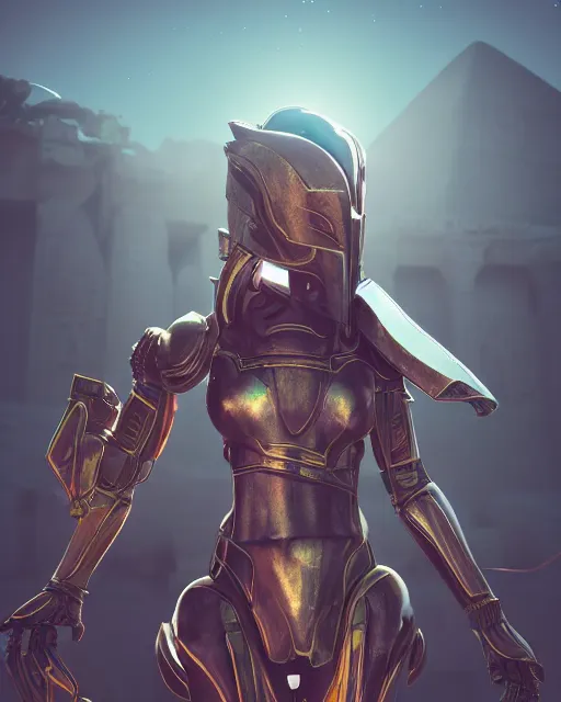 Image similar to android girl in egyptian ruins, warframe armor, atmosphere, glow, detailed, intricate, beautiful face, cinematic lighting, trending on artstation, 4 k, focused, extreme details, cinematic, masterpiece, by akihito tsukushi