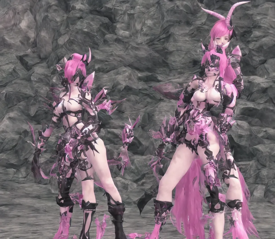 Image similar to A cute woman with horns, patches of scales, and a spiked tail, Au Ra, Final Fantasy XIV, pink clothing, ingame screenshot, friendly