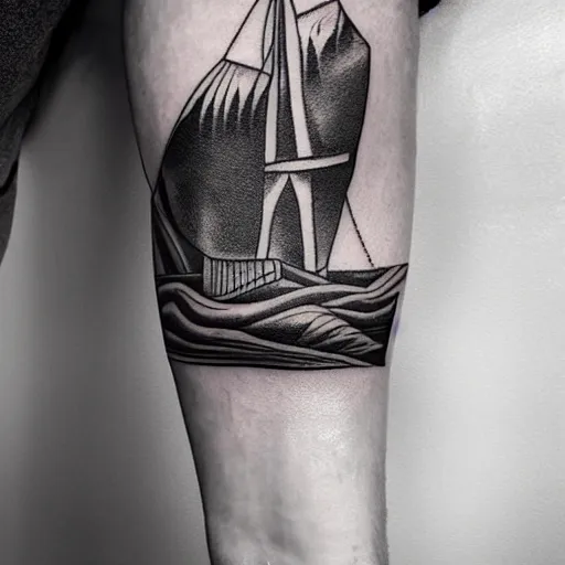 Prompt: A ship on a deserted island, realism tattoo design on white background