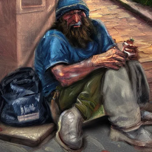 Prompt: homeless man gaming on a PC, expressive oil painting, digital art, matte art