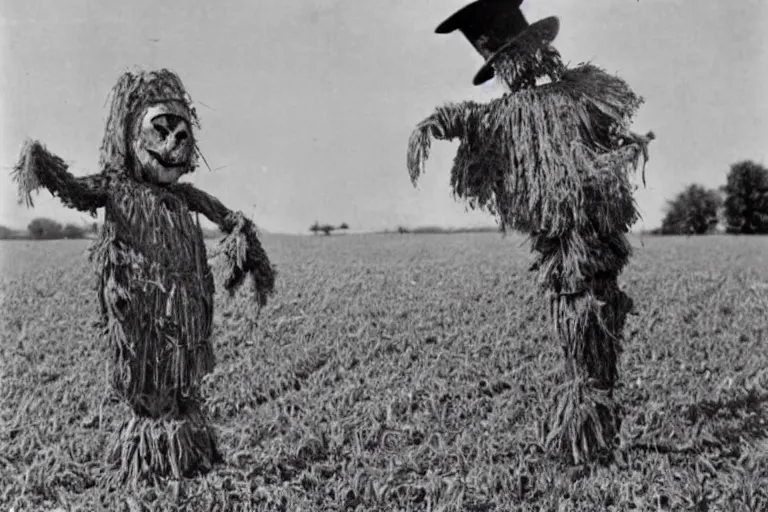 Image similar to frightening scarecrow from the early 1 9 0 0's dancing in the cornfields