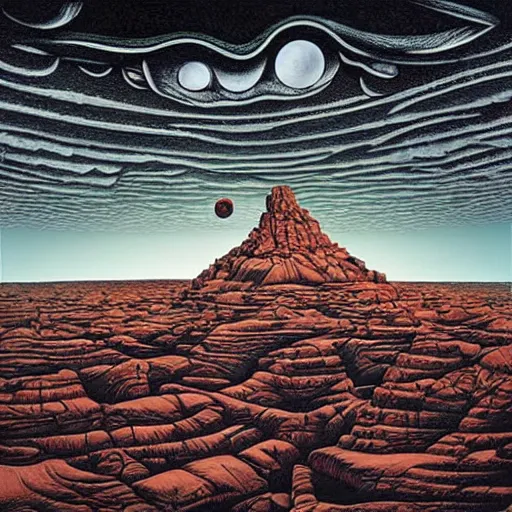 Image similar to deep canyons on an alien planet landscape with bizarre buildings and walking humanoids. Jeffrey Smith, Stanley Donwood