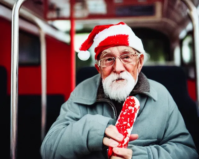 Image similar to an old man on a city bus holding a candy cane, portra 4 0 0 candid photograph portrait by annie leibovtz, 3 5 mm shot, f / 3 2, hyperrealistic, cinematic lighting, hd wallpaper, 8 k, 4 k