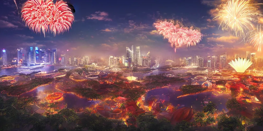 Prompt: Singapore city with a lion-shaped cloud in the sky and fireworks in the sky, by Studio Ghibli, red and white lighting, digital art, ultra realistic, ultra detailed, photorealistic, 4k, character concept