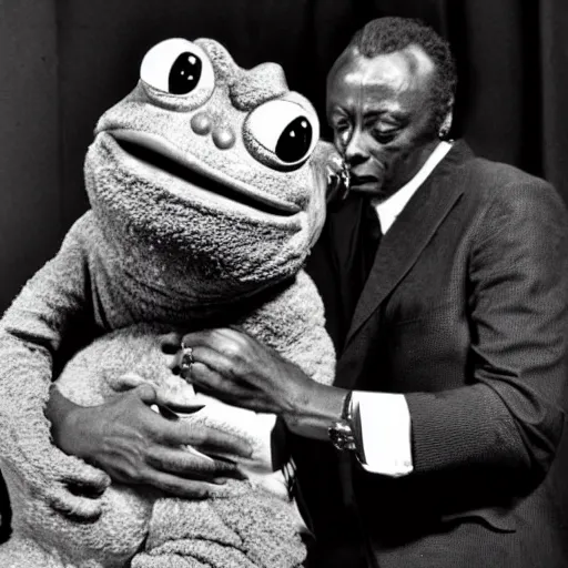 Image similar to miles davis petting pepe the frog, photography